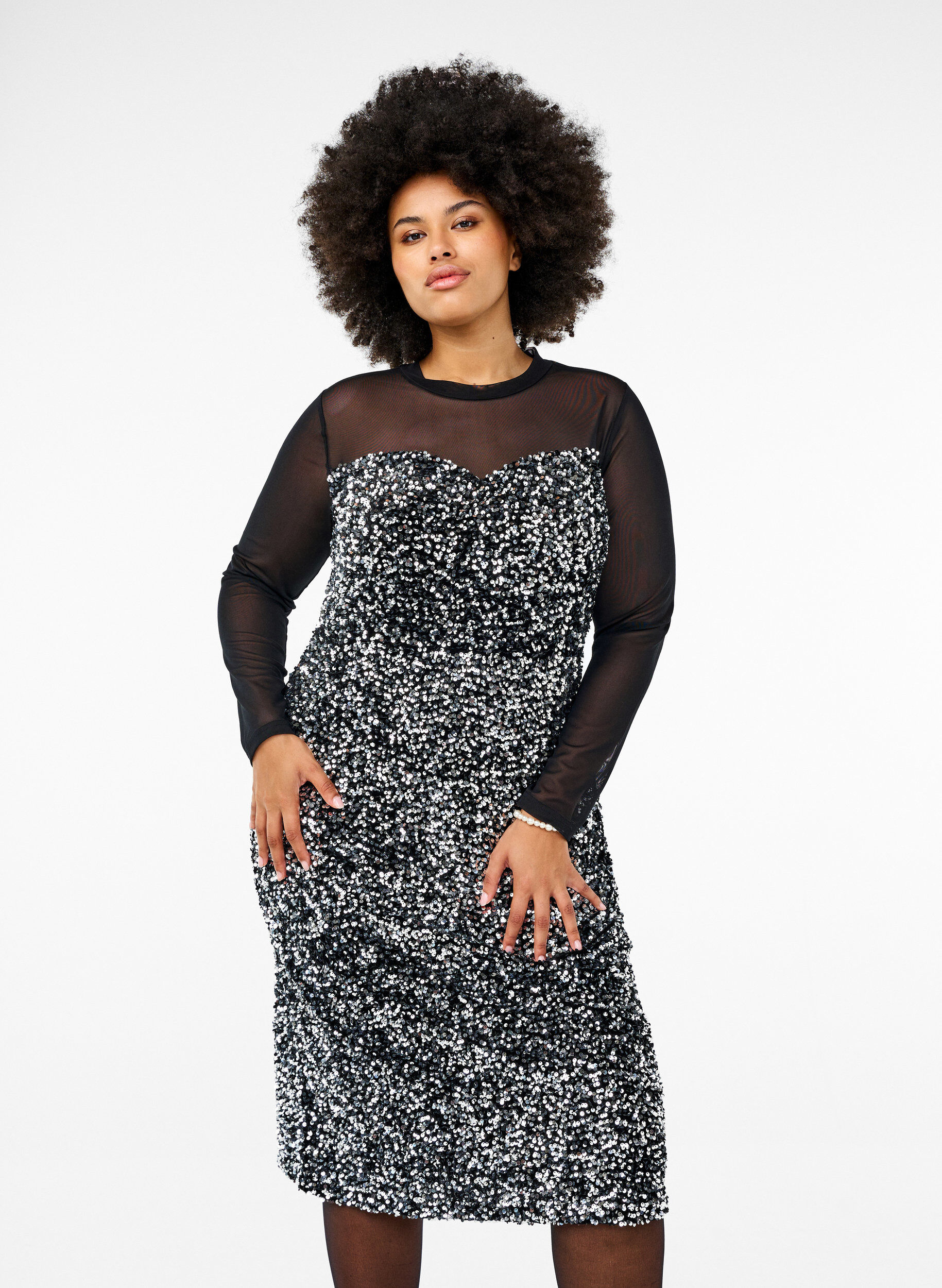 Zizzi Glitzerkleid mit Pailletten, Black w. Silver, Model image number 0