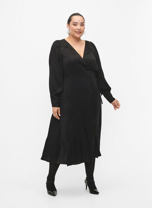 Langärmeliges Kleid aus Viskose mit Ton-in-Ton-Druck, Black, Model image number 3