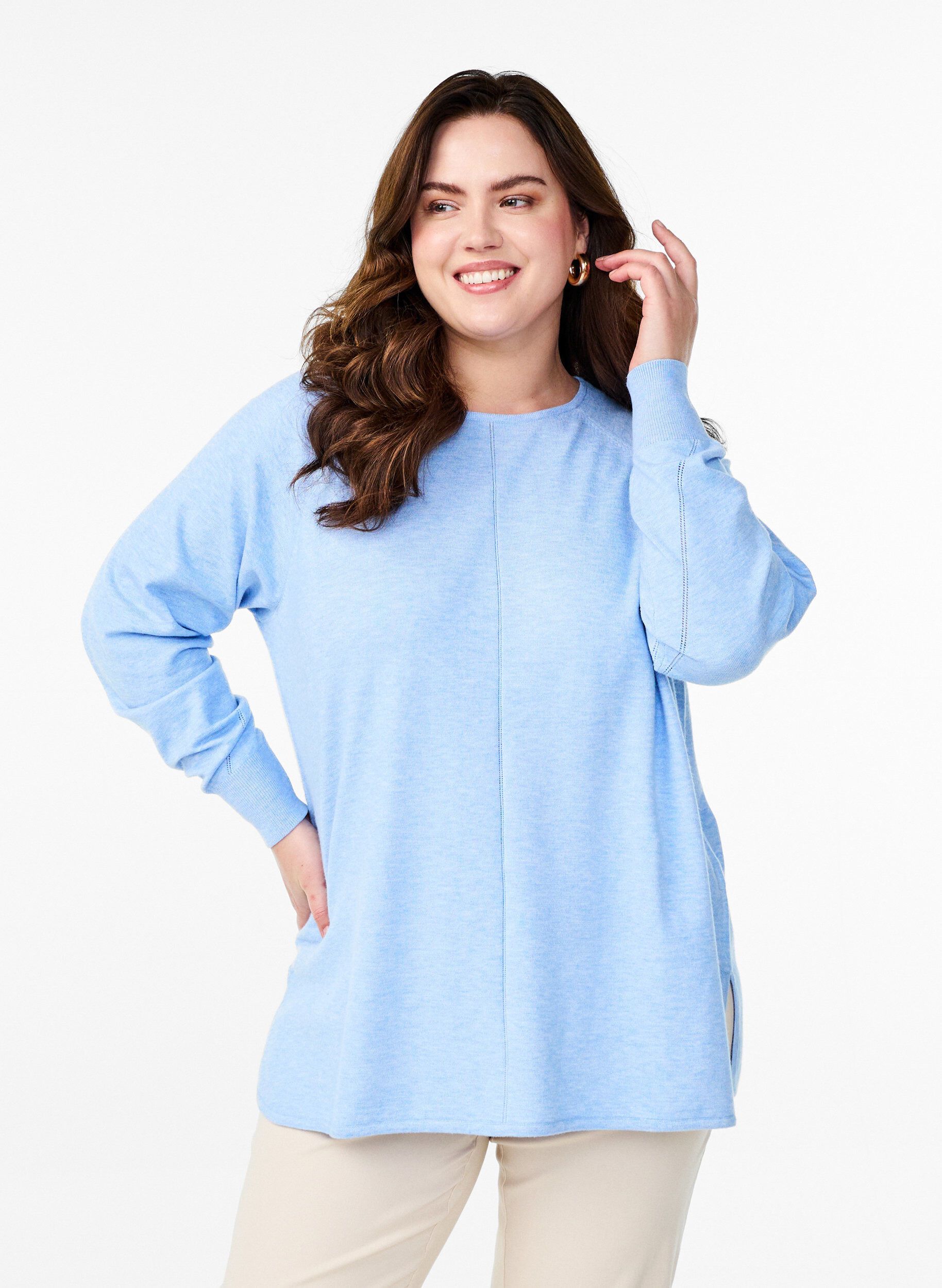 Zizzi Strickbluse mit Rundhalsausschnitt und Strickmuster, Blau, Model image number 0