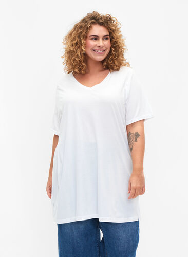 Einfarbiges Oversize T-Shirt mit V-Ausschnitt, Bright White, Model image number 0