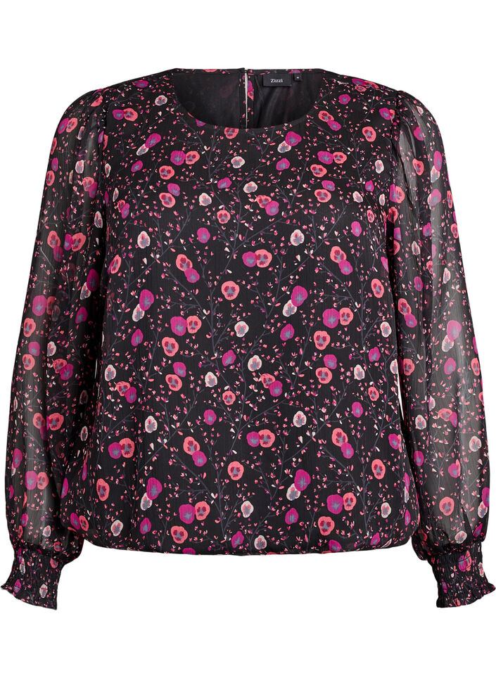 Gebl&uuml;mte Bluse aus Chiffon mit transparenten &Auml;rmeln, Schwarz, Packshot image number 0