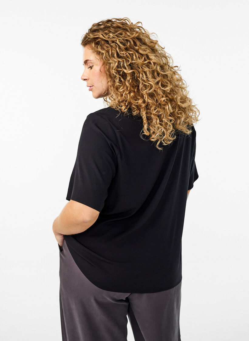 Kurz&auml;rmelige, gewebte Bluse mit Rundhals, Schwarz, Model image number 2
