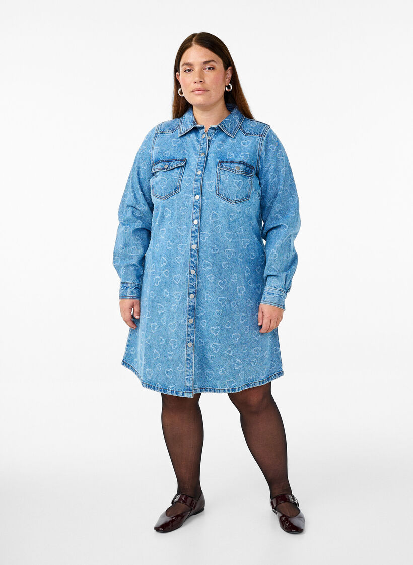Jeanskleid mit Herzmuster, Blau, Model image number 1