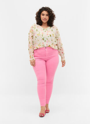 Geblümte Bluse mit langen Ärmeln und V-Ausschnitt, White/Pink Flower, Model image number 2