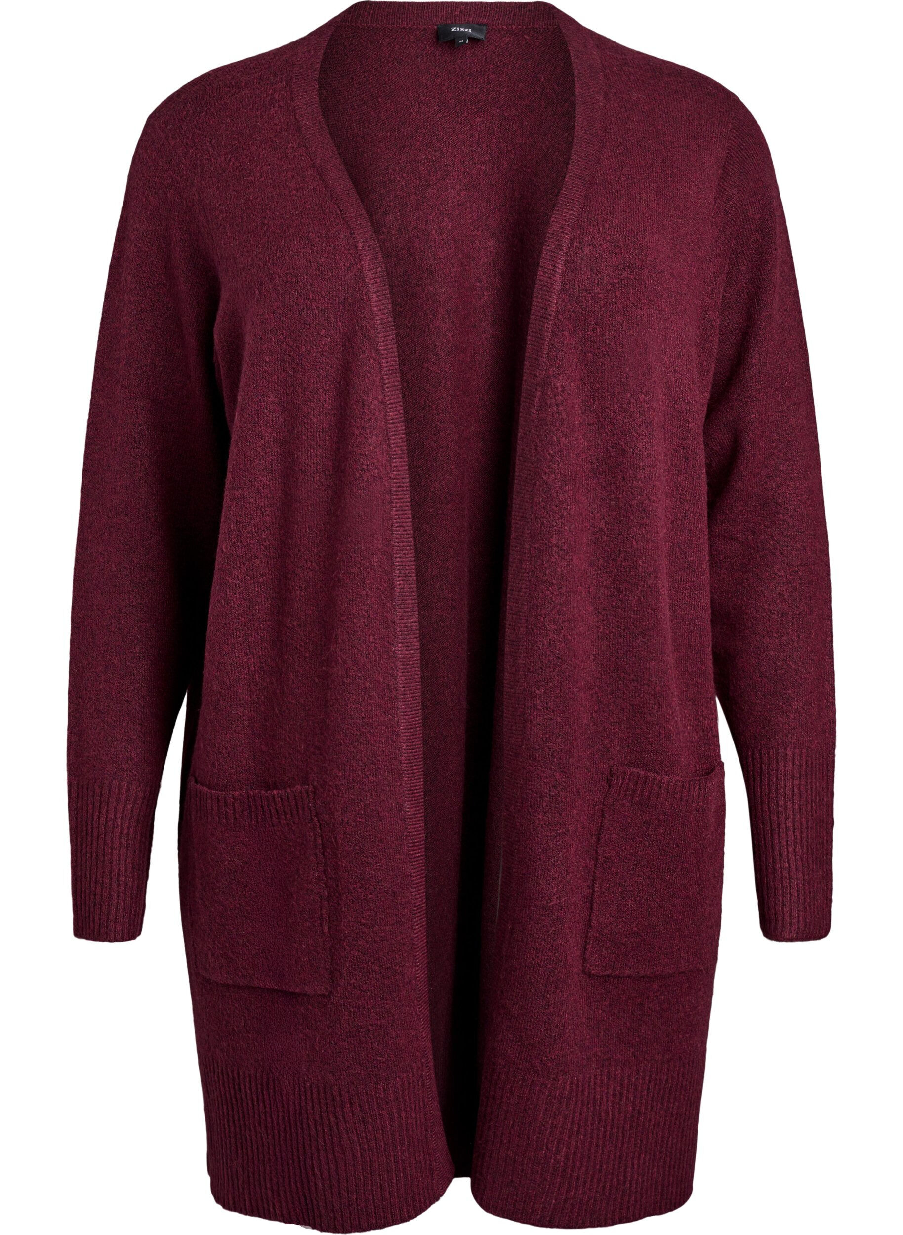 ZizziStrickjacke mit Rippenstrick und Taschen, Dunkles Bordeaux, Packshot image number 0