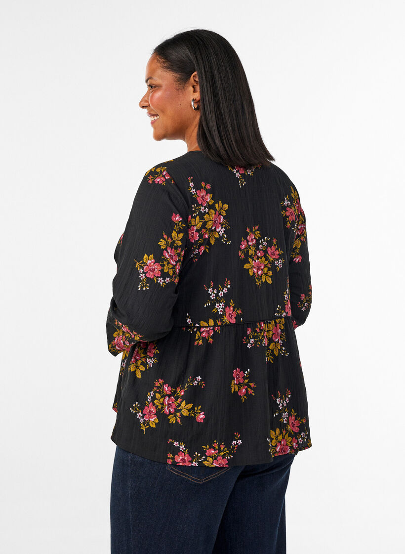 Lang&auml;rmelige Bluse mit gebl&uuml;mtem Muster, Schwarz, Model image number 2