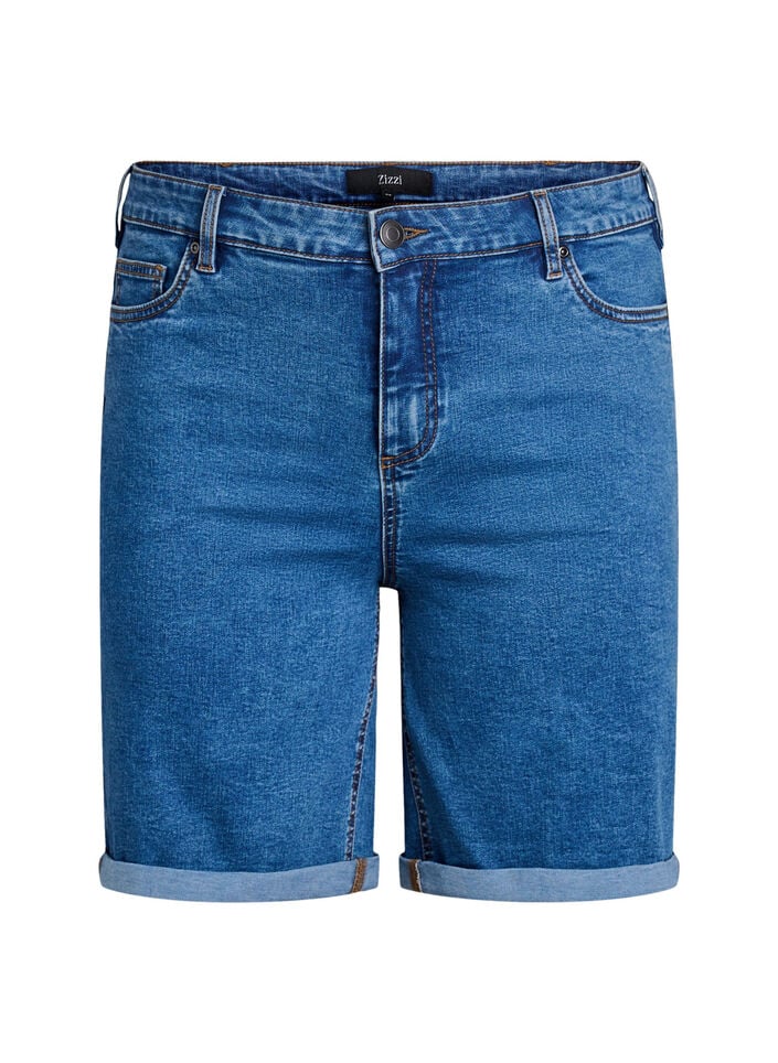 Eng anliegende Jeansshorts mit hoher Taille, Blau, Packshot image number 0