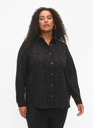 Hemdjacke aus Viskose mit Ton-in-Ton-Muster, Black, Model image number 0