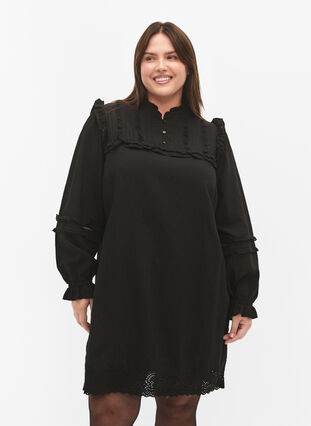 Kleid aus Viskose mit Lochstickerei und Rüschendetails, Black, Model image number 0
