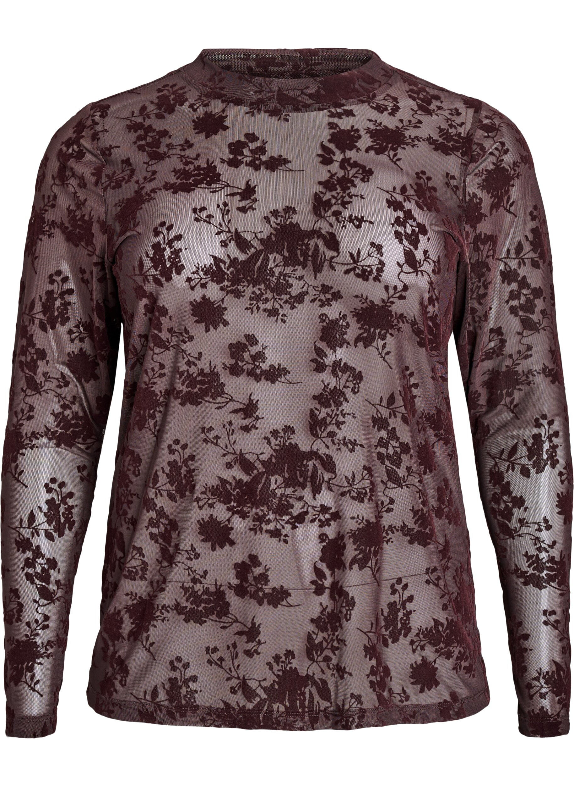 Zizzi Meshbluse mit Blumenmuster, Braun, Packshot image number 0
