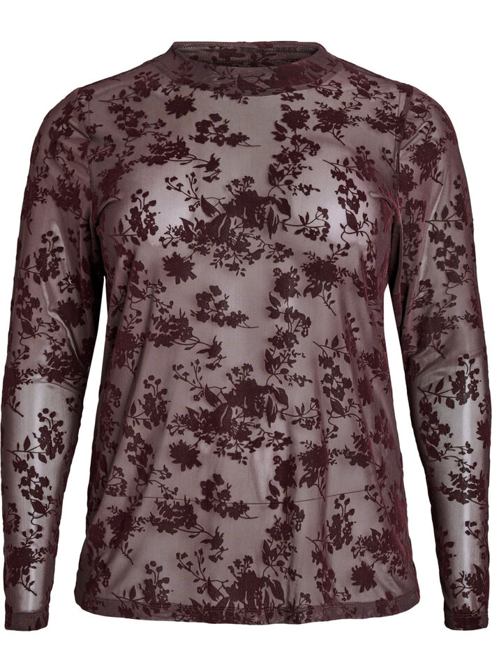 Meshbluse mit Blumenmuster, Braun, Packshot image number 0