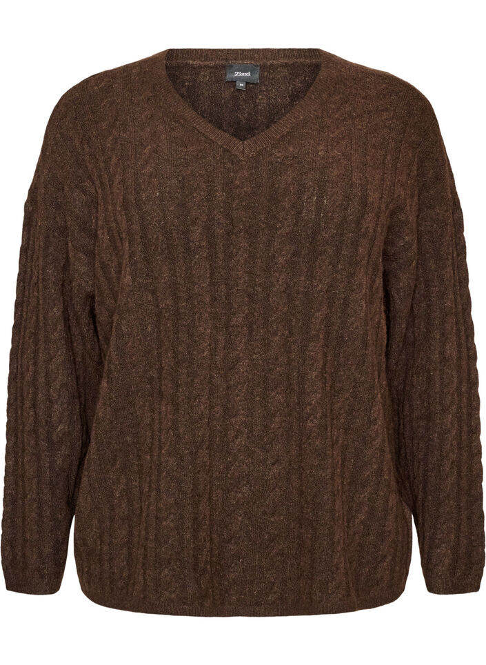 Bluse aus Strick mit Zopfmuster und V-Ausschnitt, Braun, Packshot image number 0