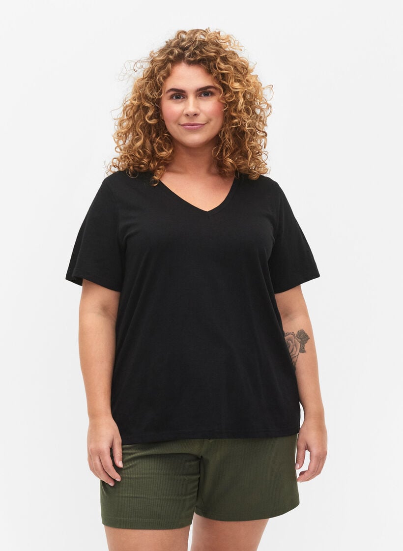 Kurzärmliges Basic-T-Shirt mit V-Ausschnitt, Schwarz, Model image number 0