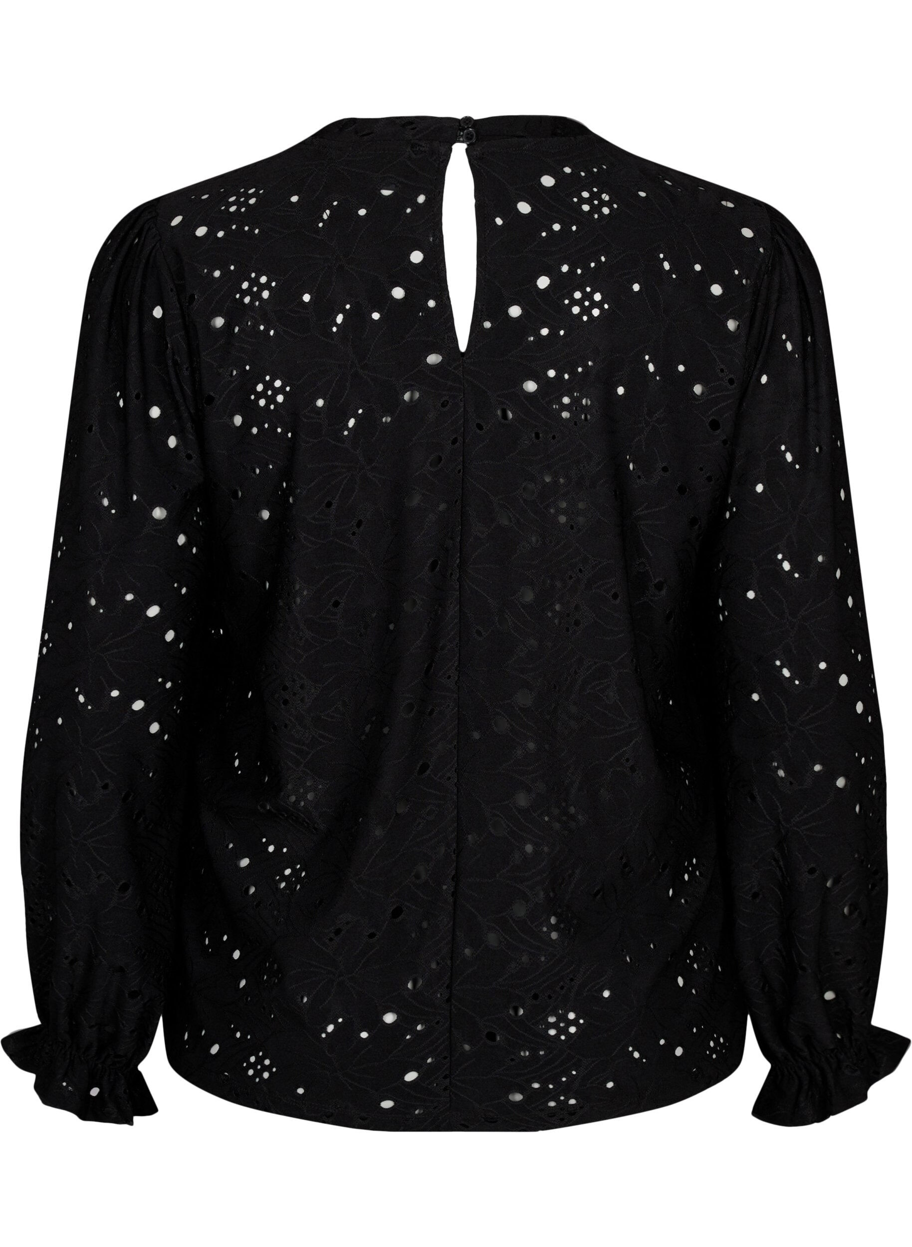 Zizzi  Lang&auml;rmlige Bluse mit Lochmuster, Black, Packshot image number 1