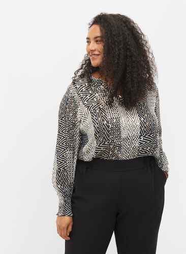 Bedruckte Bluse mit Smock und V-Ausschnitt, Black Graphic Stripe, Model image number 0