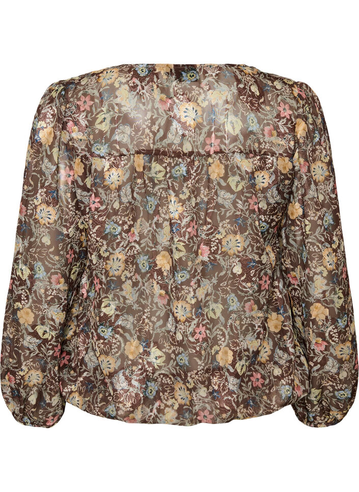 Bluse mit Blumenmuster und Ballon&auml;rmeln, Braun, Packshot image number 1