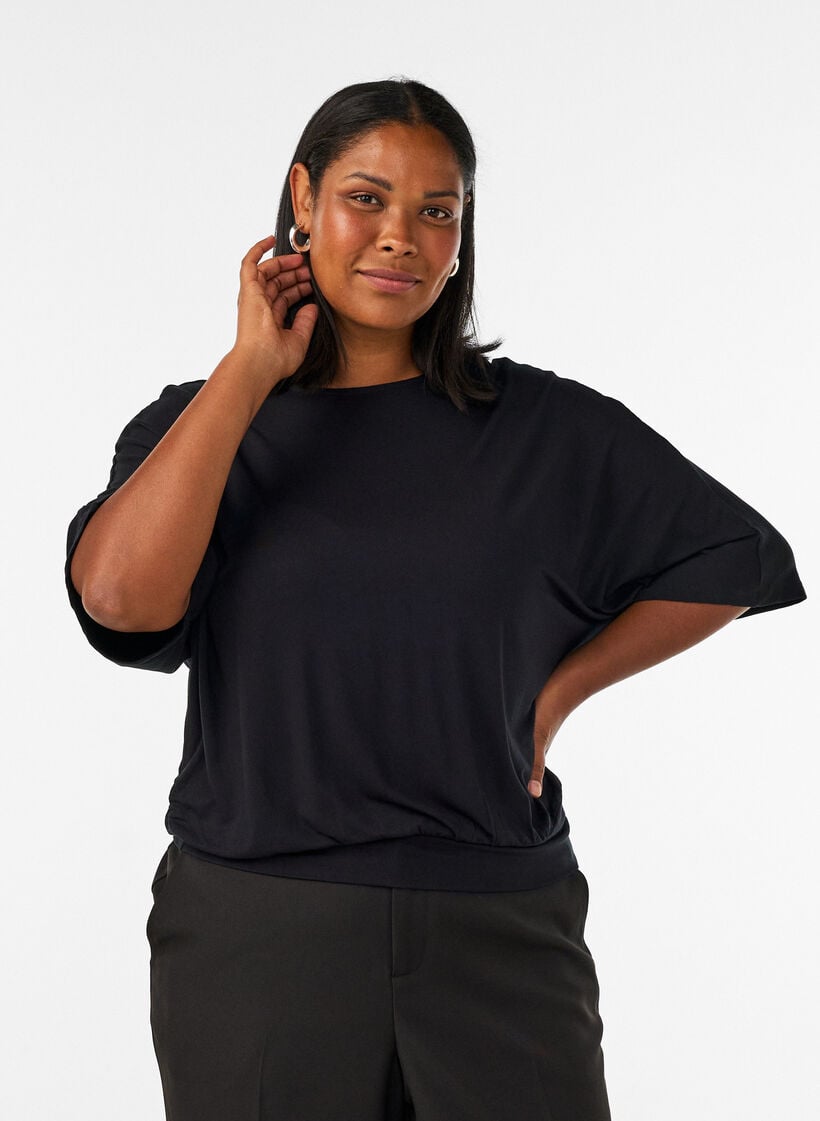 Bluse aus Jersey mit ellbogenlangen Ballon&auml;rmeln, Schwarz, Model image number 0