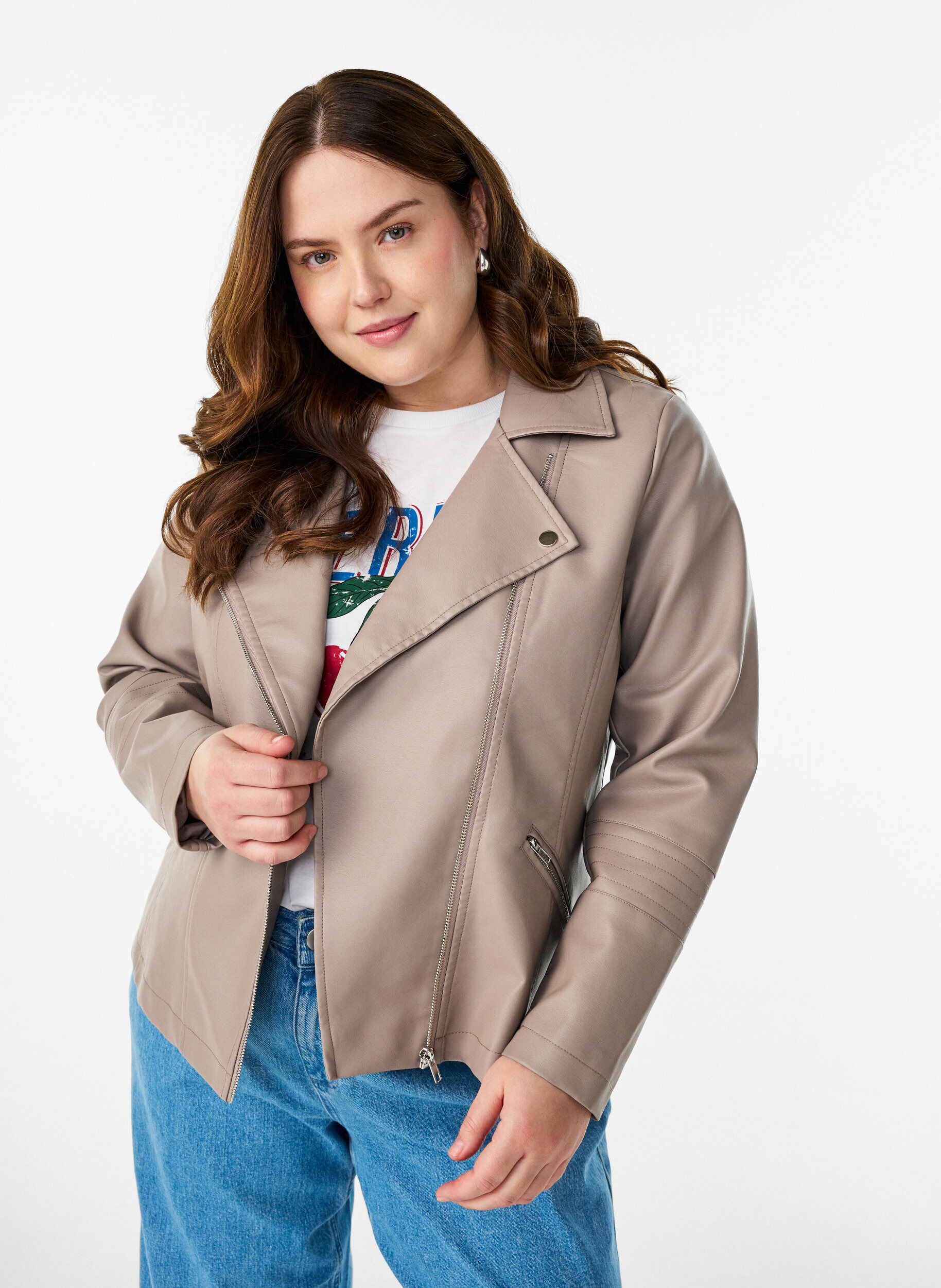 Bikerjacke aus Kunstleder, Beige, Model