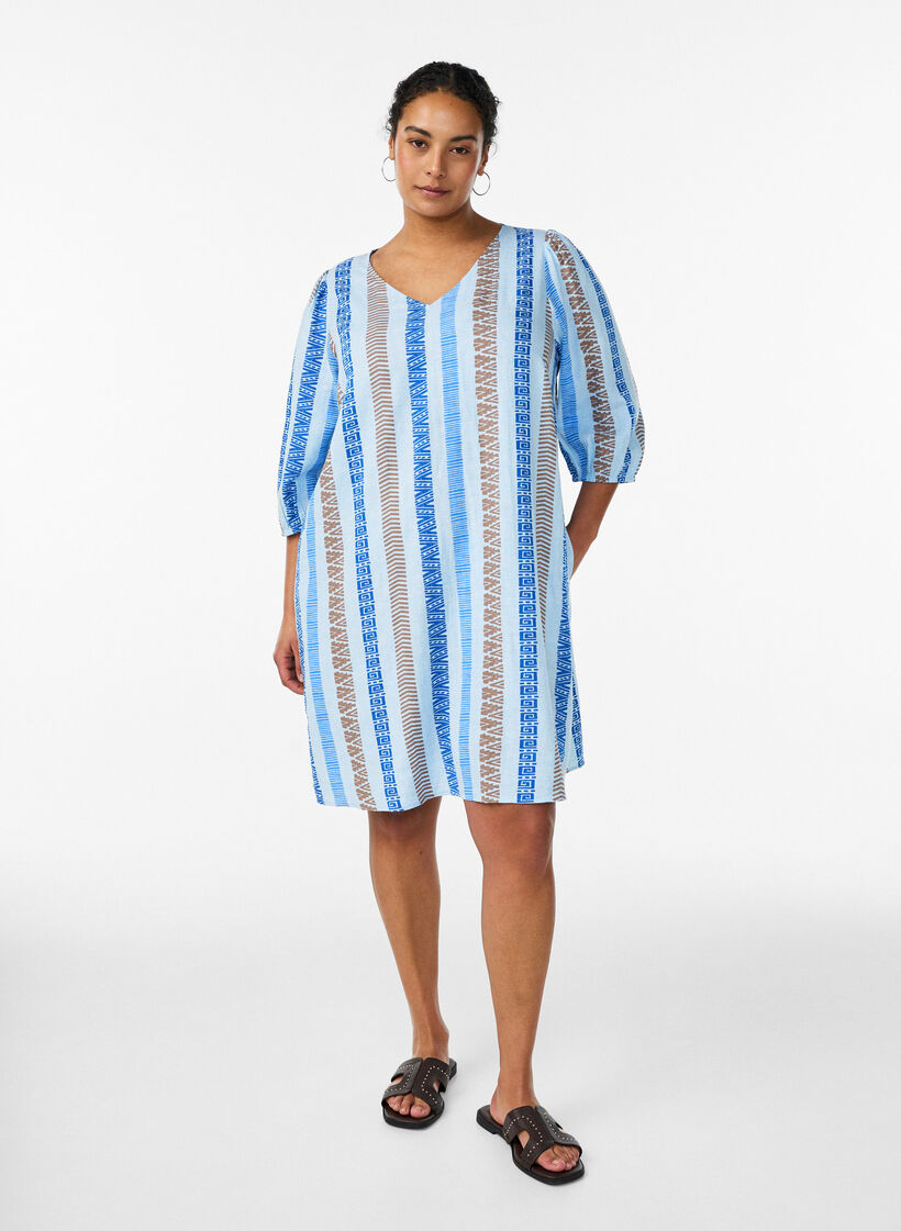 Kurzes Kleid aus Leinen und Viskose mit 3/4-&Auml;rmeln, Blau, Model image number 1
