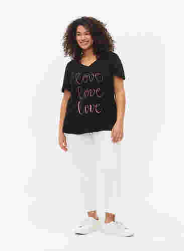 T-Shirt aus Baumwolle mit V-Ausschnitt und Druck, Black W. Love, Model image number 2