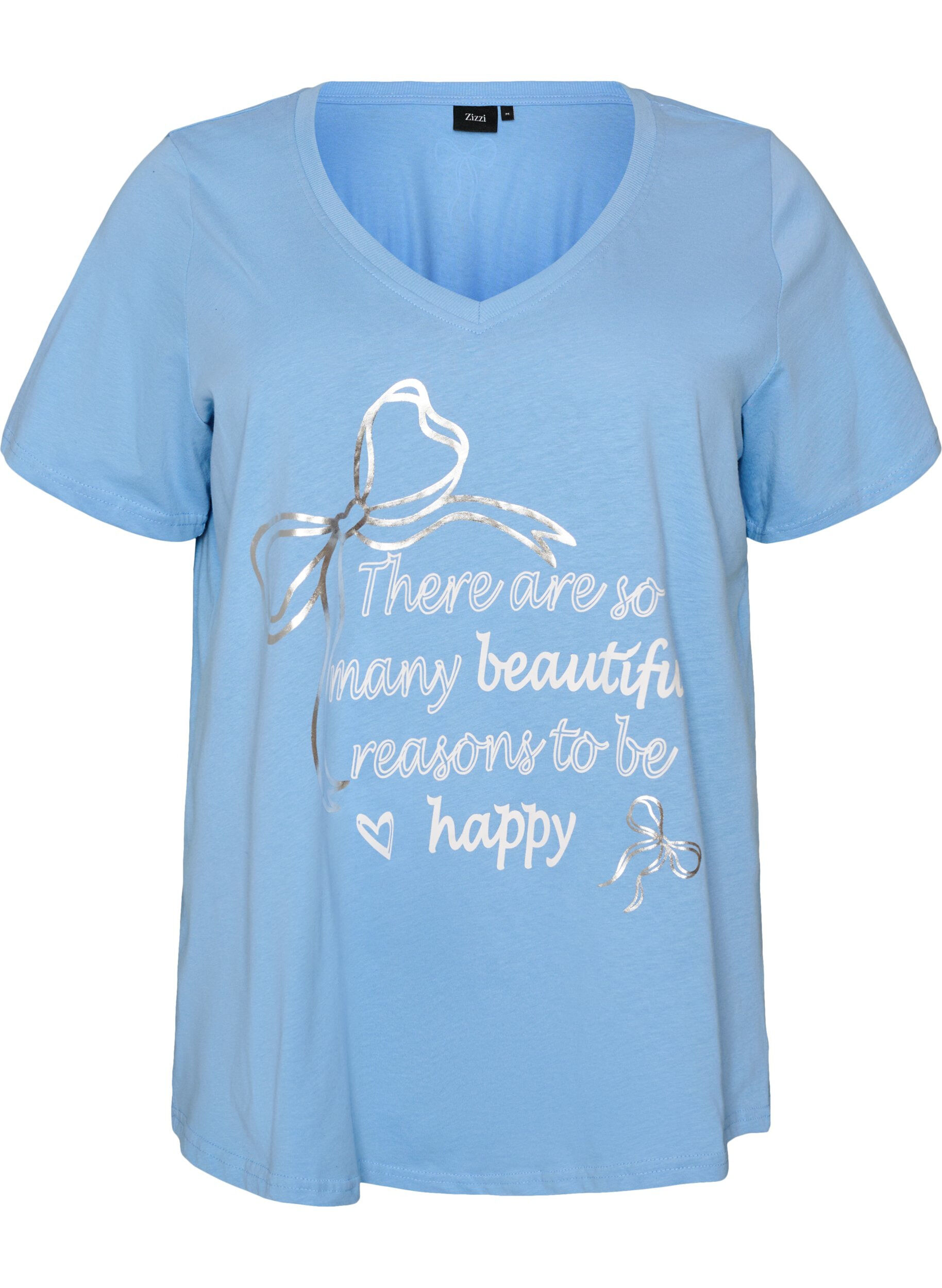 ZizziT-Shirt aus Baumwolle mit V-Ausschnitt und Frontprint, Blau, Packshot image number 0