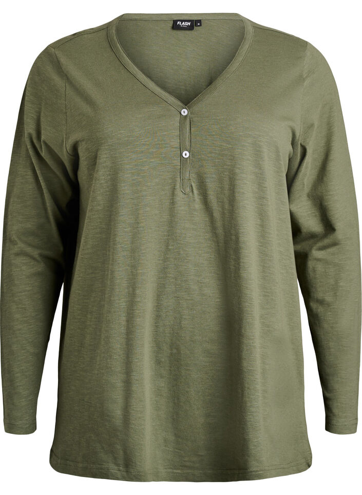 Langarmshirt mit V-Ausschnitt und Kn&ouml;pfen, Gr&uuml;n, Packshot image number 0