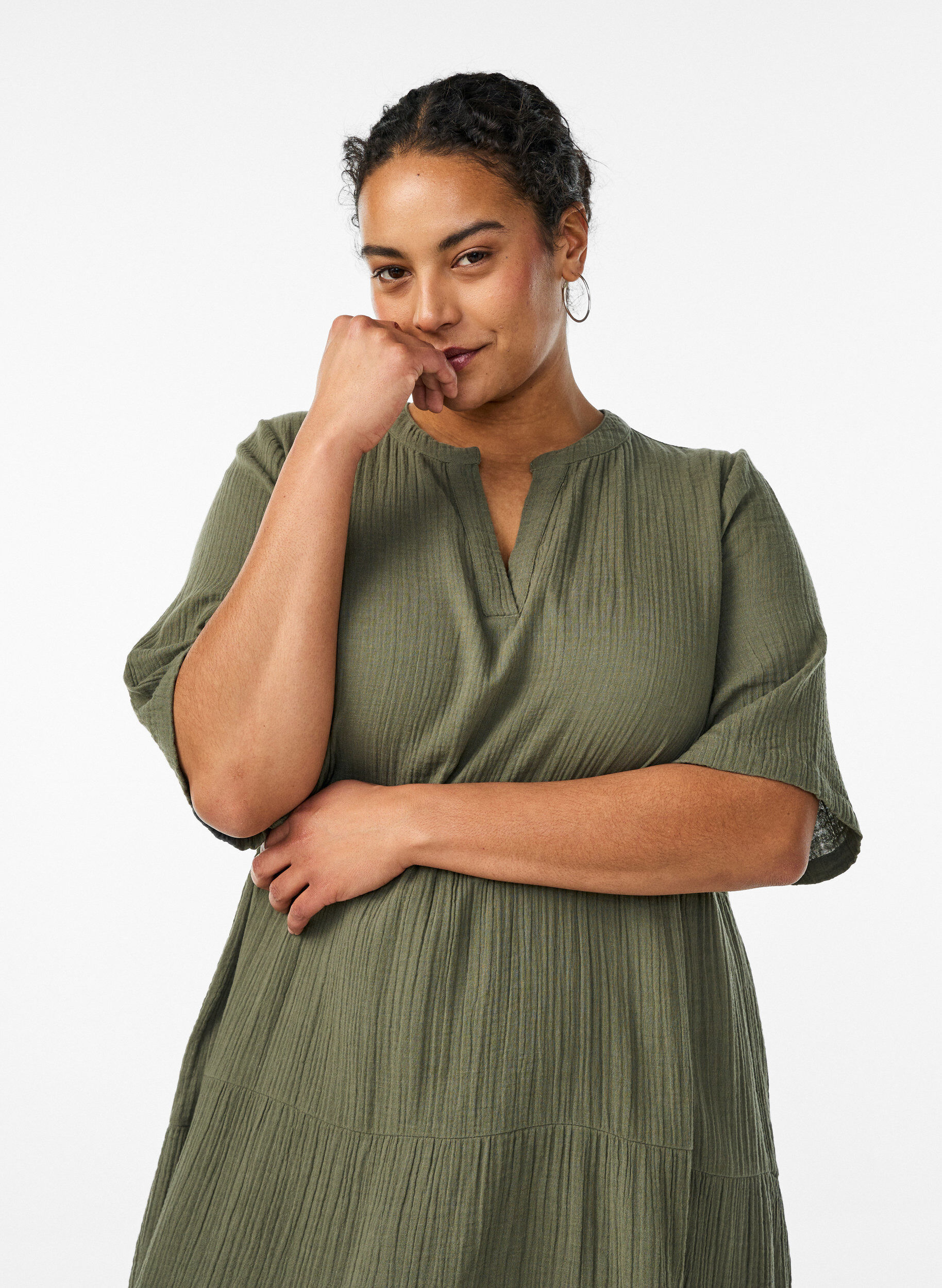 Zizzi Midikleid in A-Linie aus Baumwoll-Musselin, Gr&uuml;n, Model image number 2