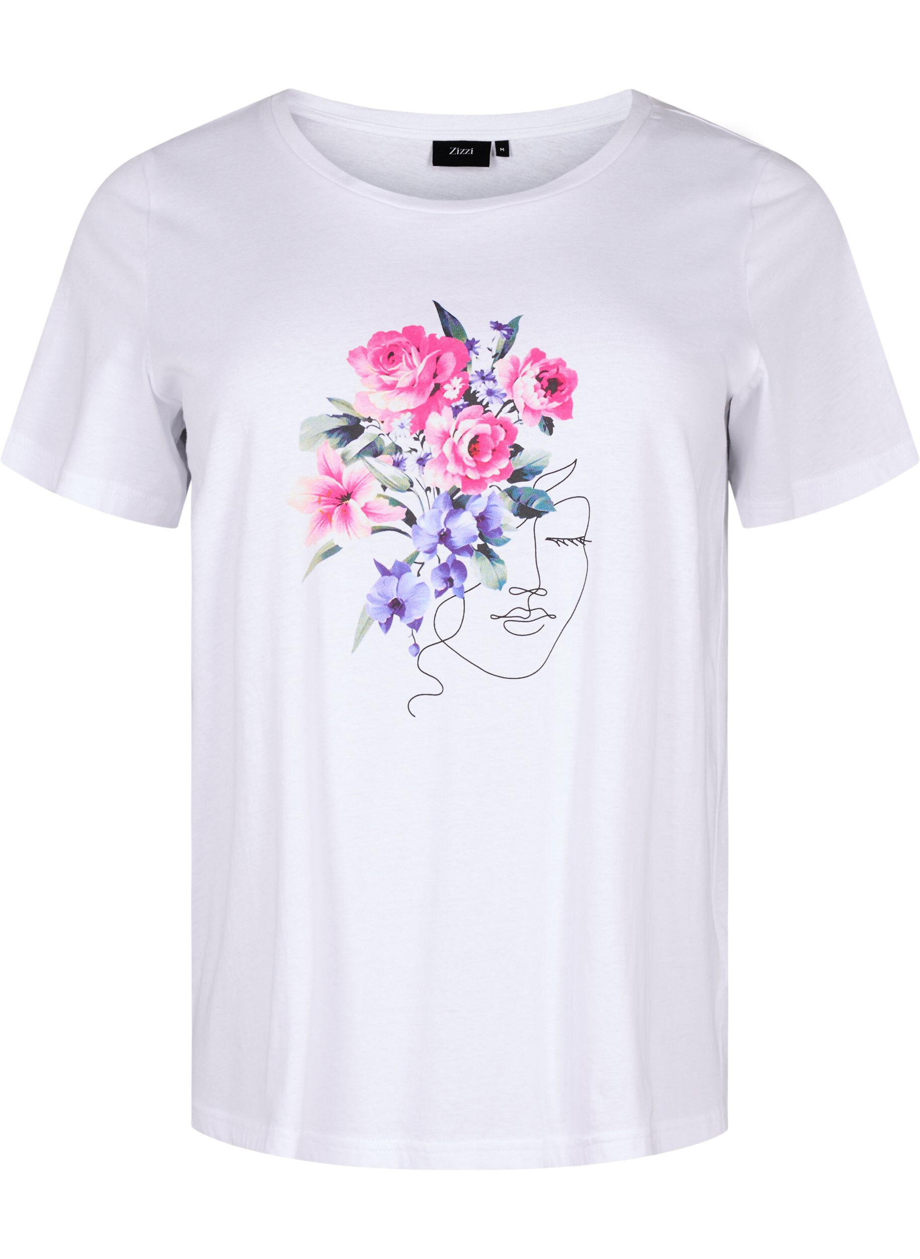 Zizzi Baumwoll-T-Shirt mit Blumen- und Portr&auml;t-Motiv, B. White Face Flower, Packshot image number 0