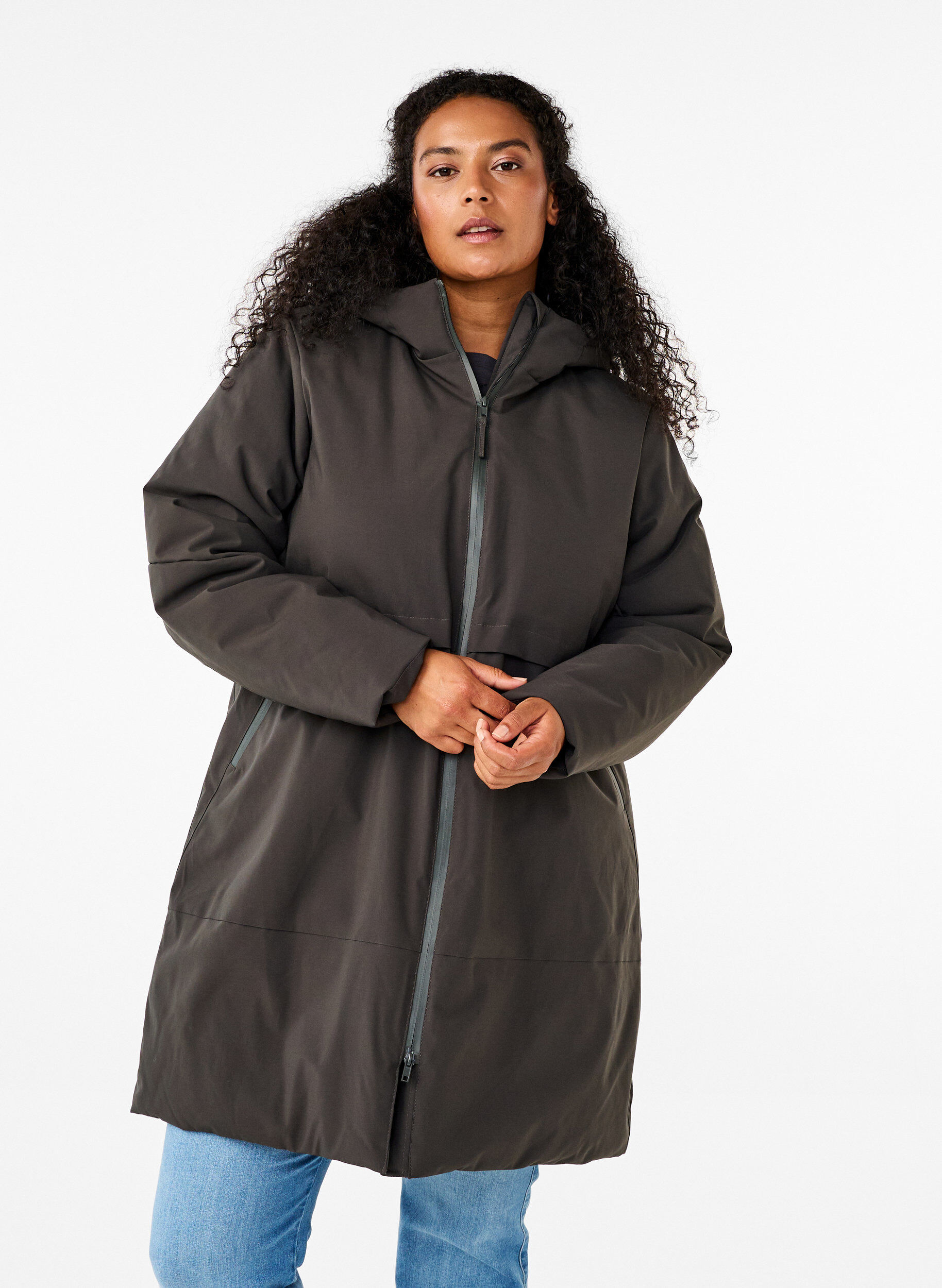 Zizzi Winterjacke mit verstellbarer Taille, Grau, Model image number 0