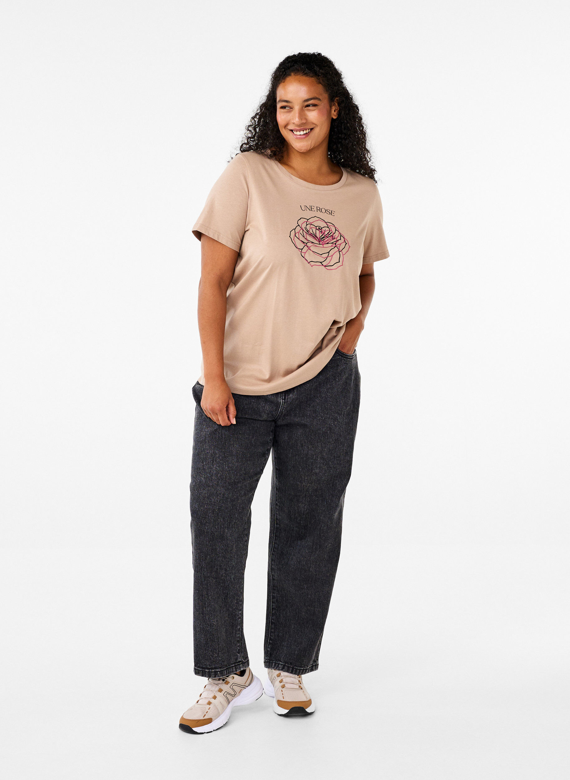 Zizzi Baumwoll-T-Shirt mit Druck, S. Mink w. Flower, Model image number 2