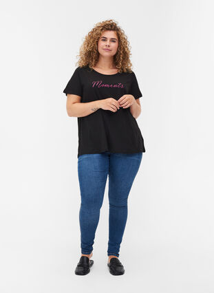 T-Shirt aus Baumwolle mit A-Linie und Aufdruck, Black, Model image number 2