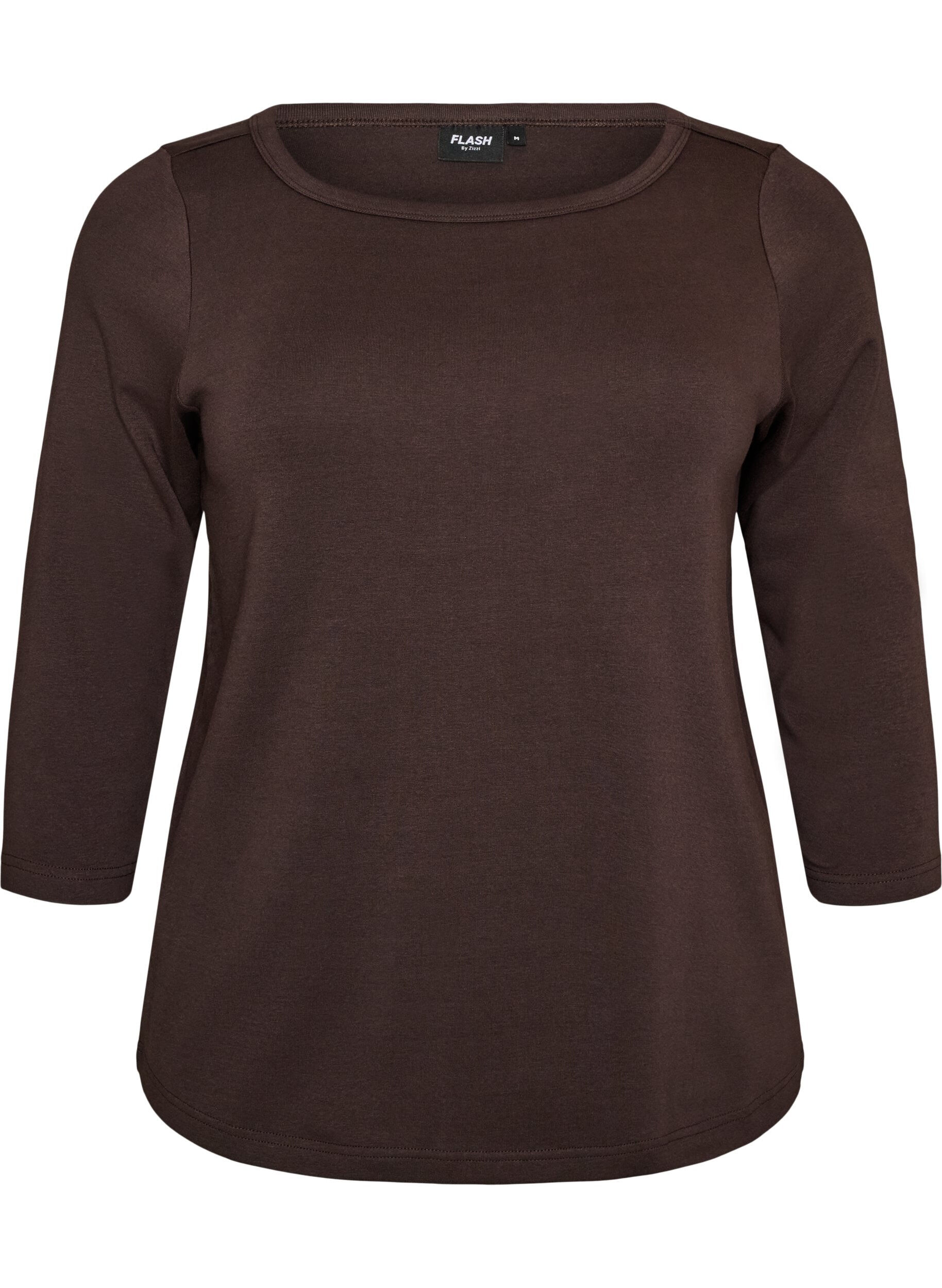 ZizziBasic-T-Shirt mit U-Boot-Ausschnitt und 3/4-&Auml;rmeln, Braun, Packshot image number 0