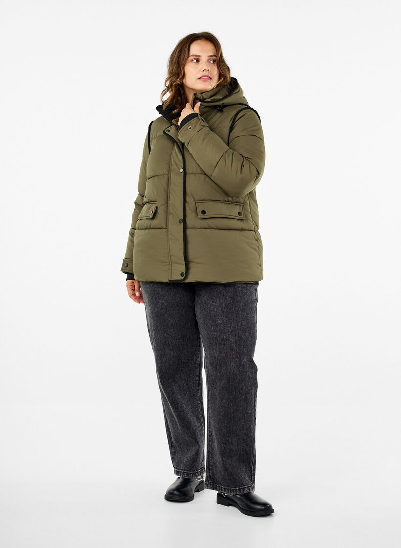 Kurze Steppjacke mit Kontrastdetails, Grün, Model image number 1