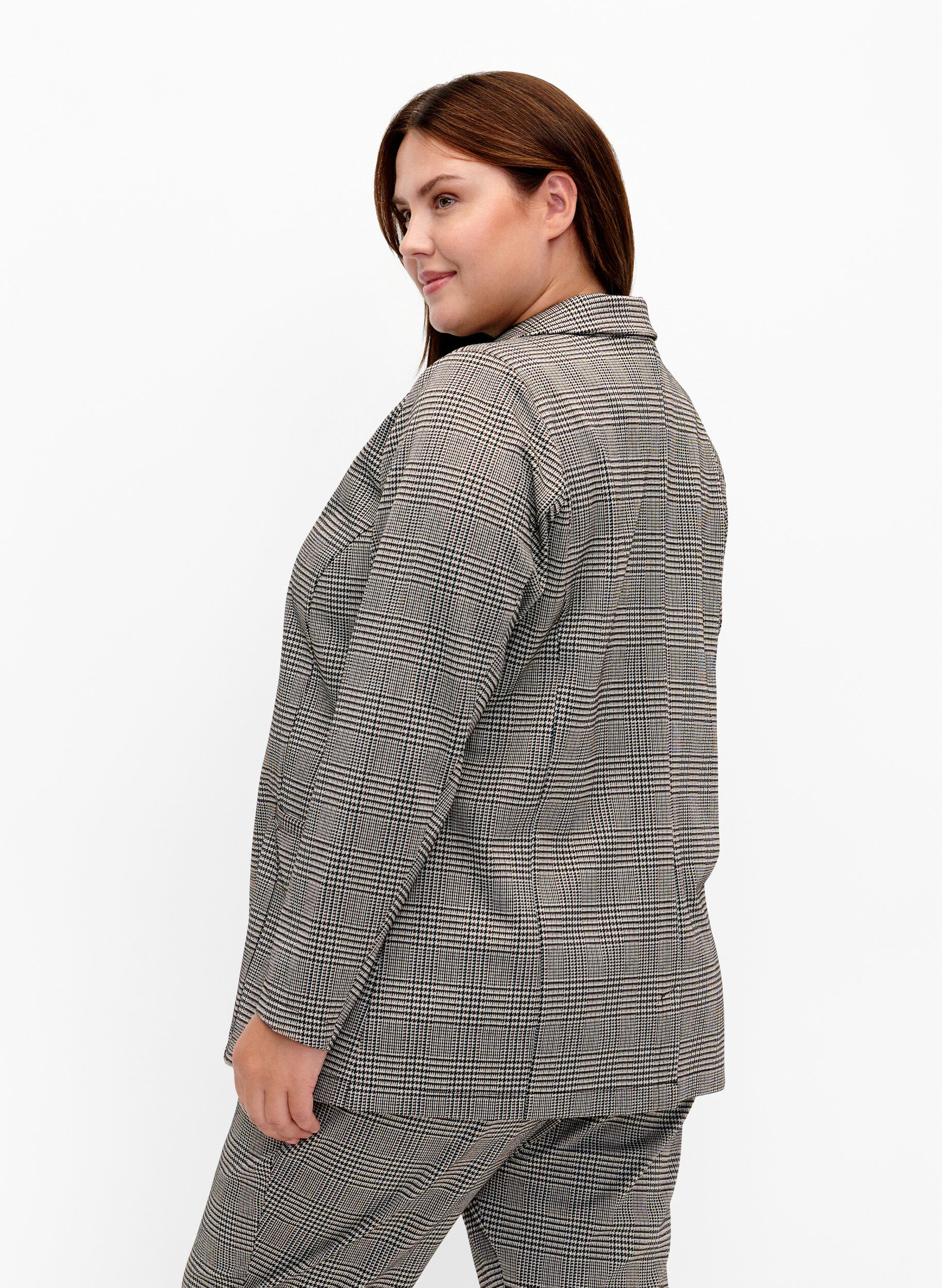 Zizzi Karierter Blazer mit Knopfverschluss, Beige Brown Check, Model image number 1
