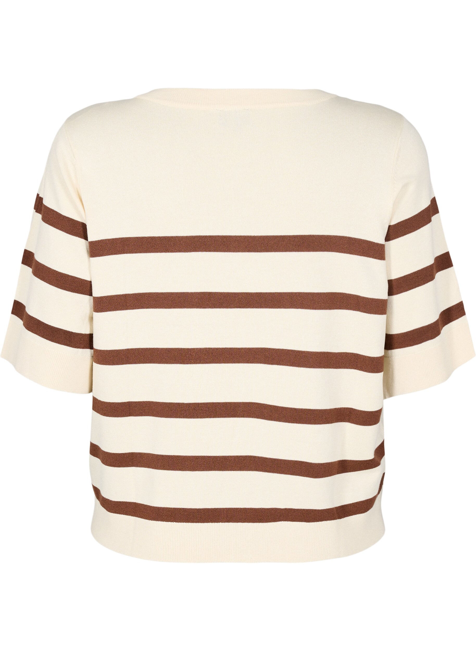 Zizzi Gestreiftes Stricktop mit kurzen &Auml;rmeln, Beige, Packshot image number 1