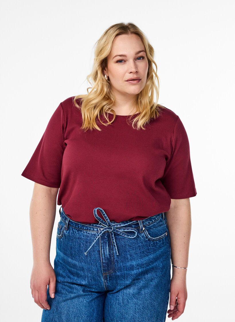 Bluse aus geripptem Jersey mit kurzen Ärmeln, Dunkles Bordeaux, Model image number 0