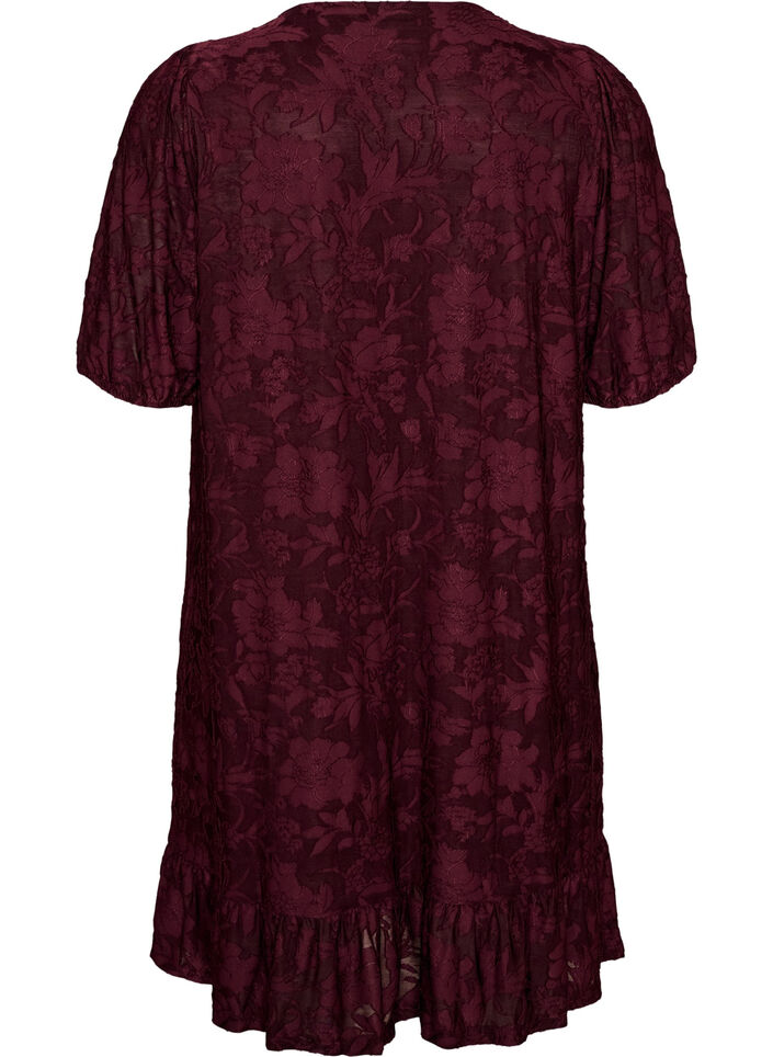 Kleid mit floraler Struktur und R&uuml;schensaum, Rot, Packshot image number 1