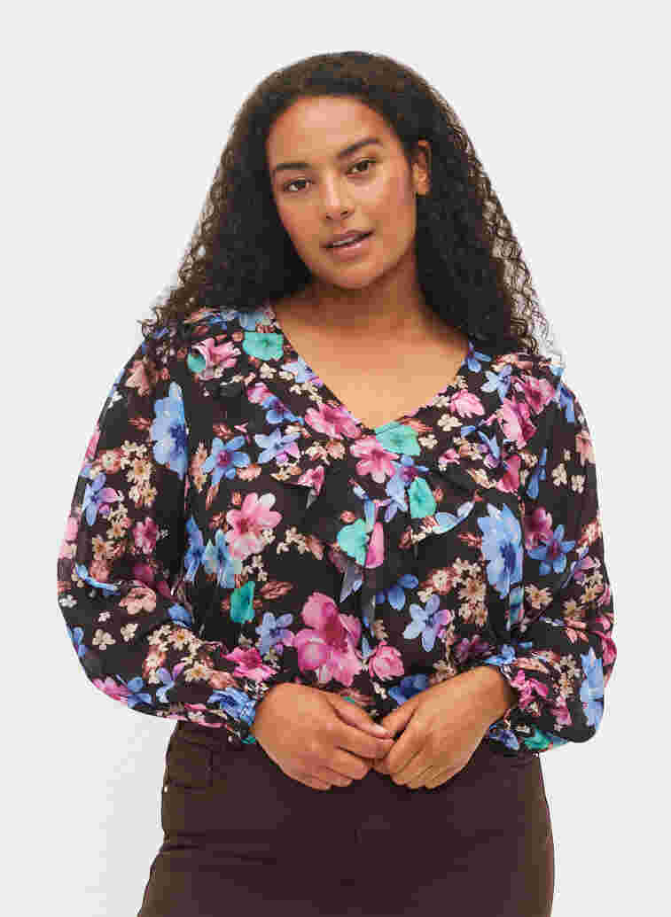 Geblümte Bluse mit Rüschendetails, Bright Fall Print, Model