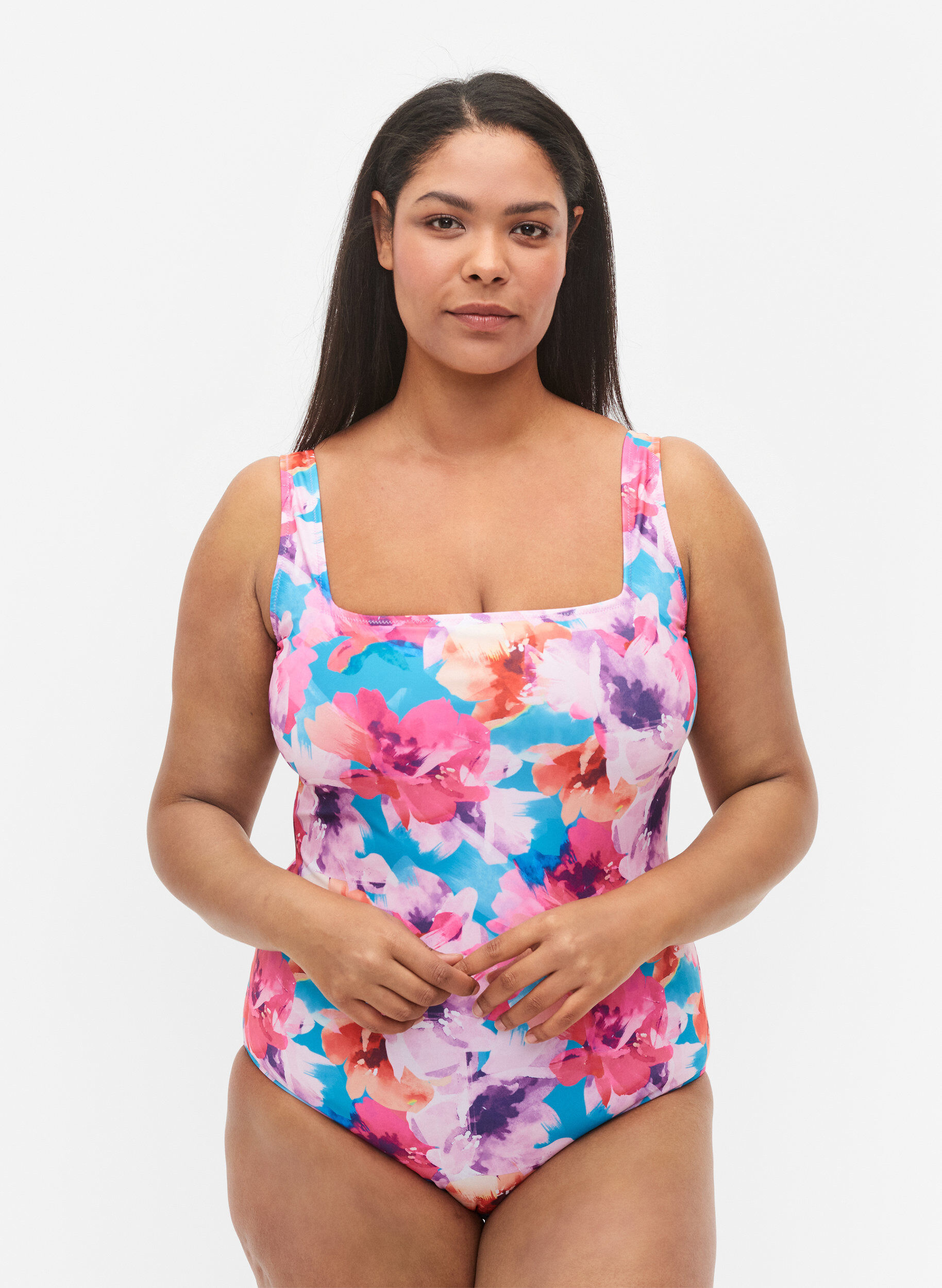 Zizzi Badeanzug mit Druck, Pink Flower, Model image number 0