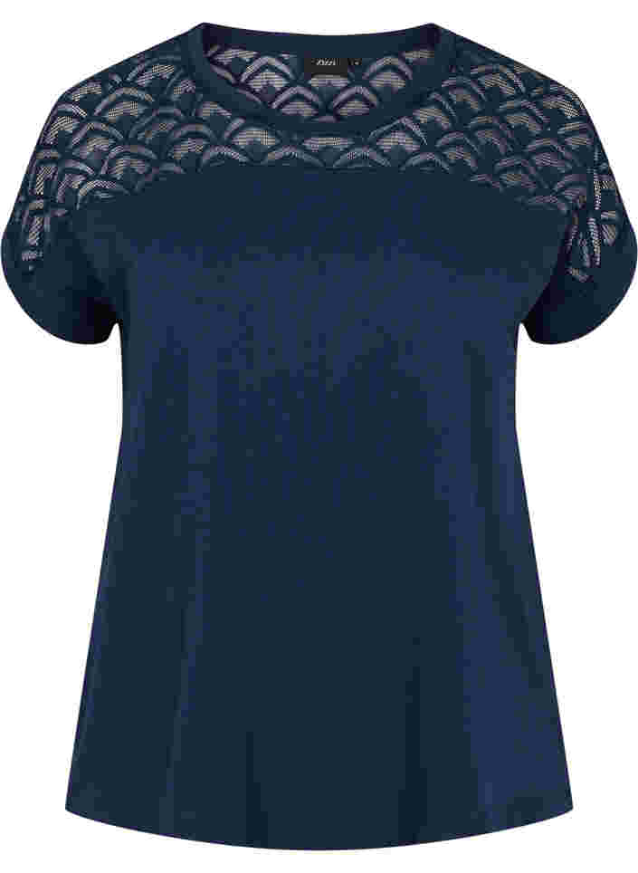 Baumwoll-T-Shirt mit Spitze und kurzen Ärmeln, Navy Blazer, Packshot image number 0