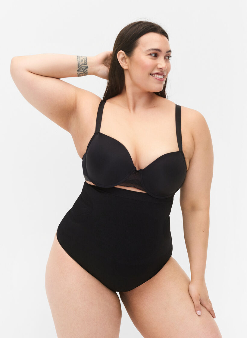 Shapewear-Tanga mit hoher Taille, Schwarz, Model image number 0