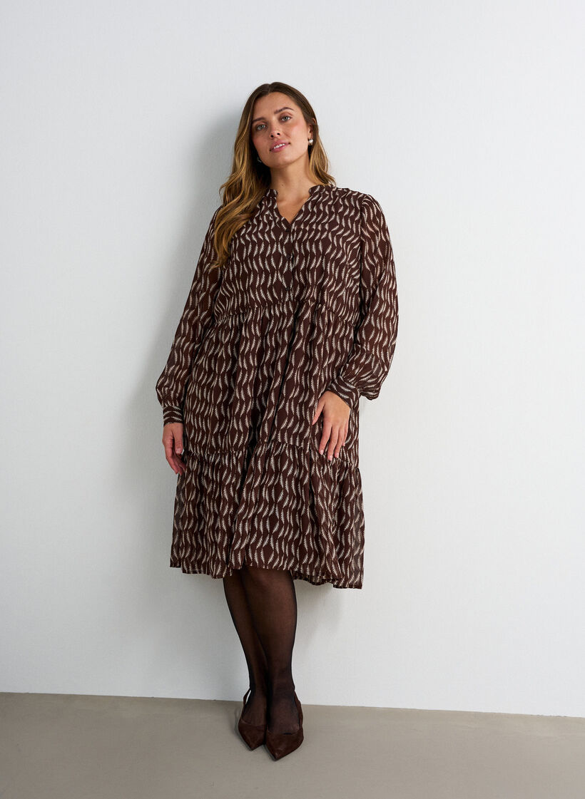 Kleid mit Allover-Muster und einer Volantlage, Braun, Model image number 0