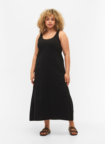 Ärmelloses Kleid aus Baumwolle mit A-Linie, Black, Model image number 0