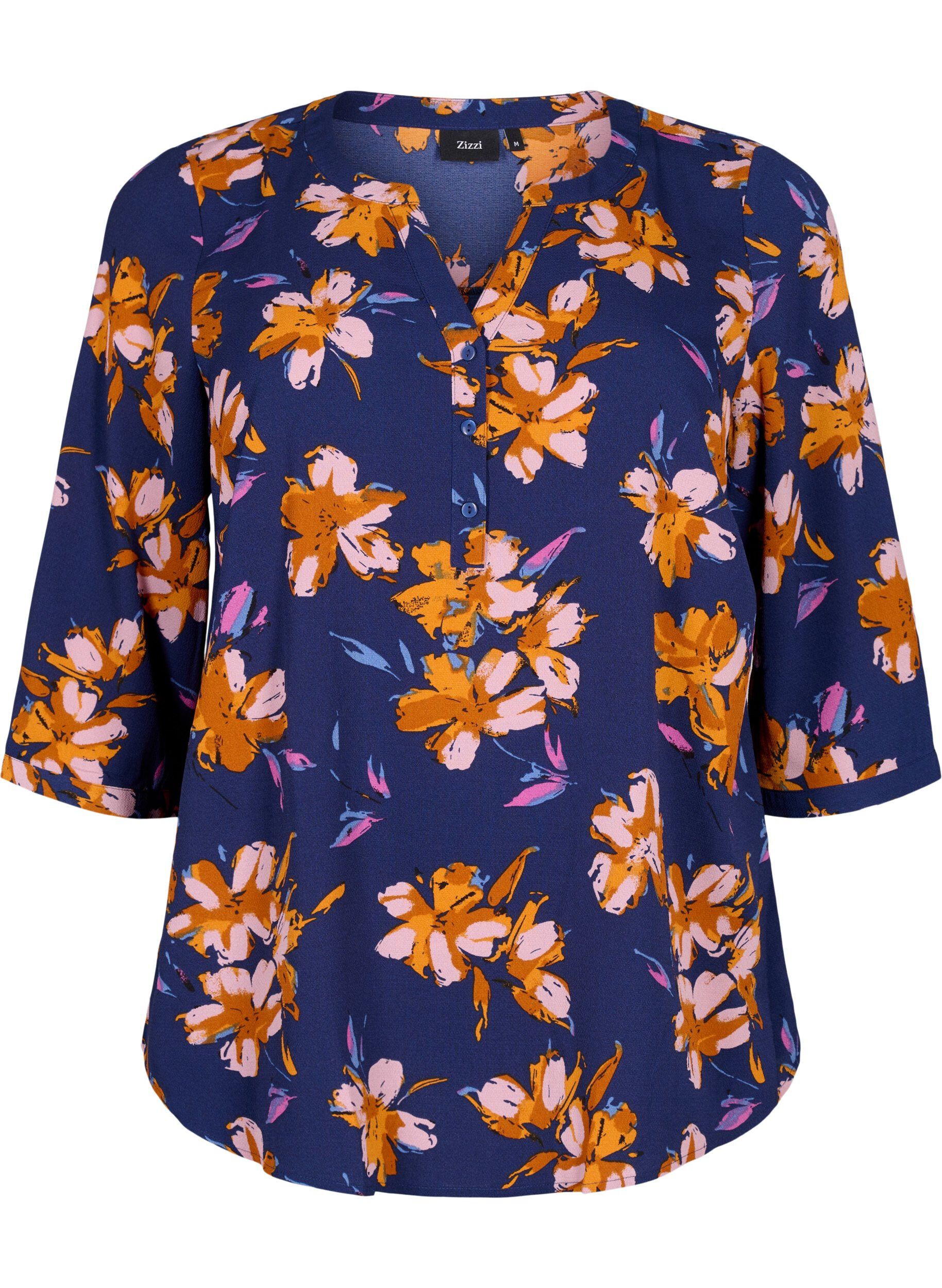 Zizzi Florale Bluse mit 3/4-&Auml;rmeln, Peacoat Flower AOP, Packshot image number 0