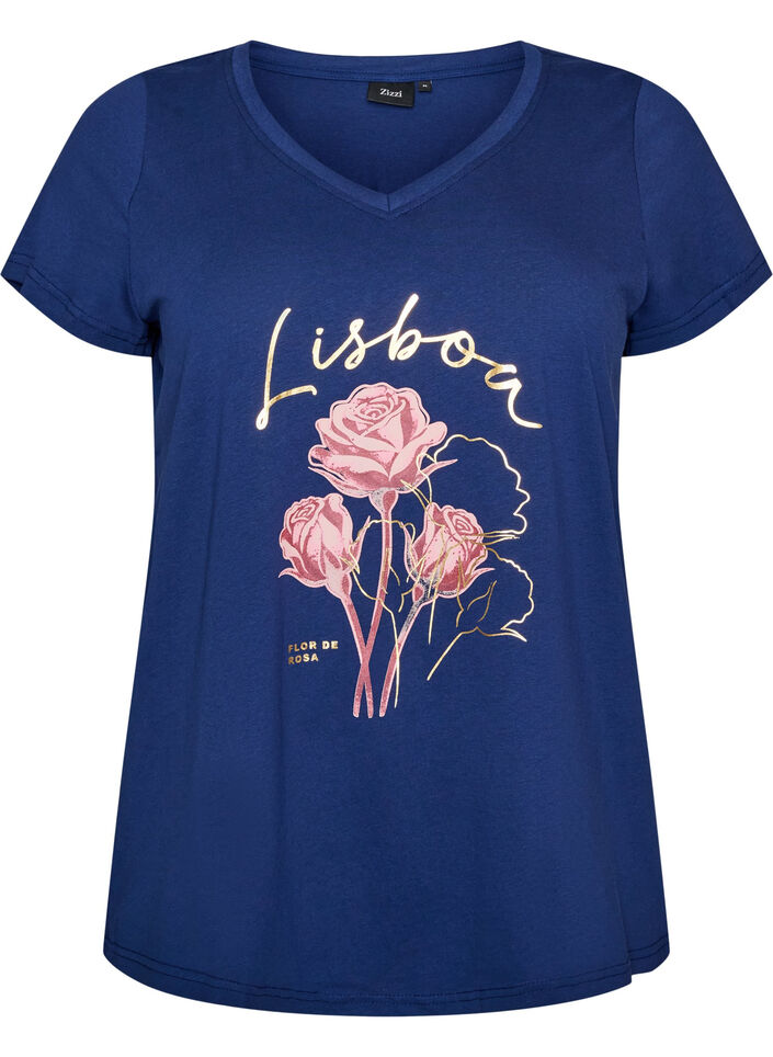 T-Shirt aus Baumwolle mit Frontprint und V-Ausschnitt, Blau, Packshot image number 0