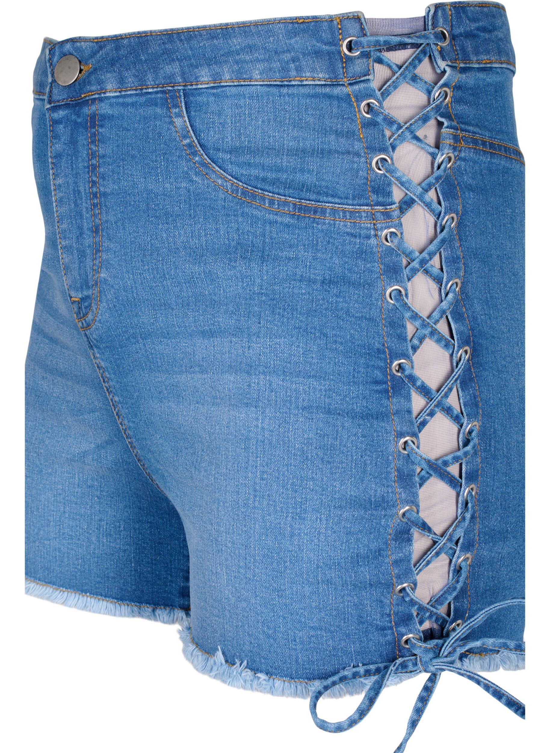 Zizzi Denim-Shorts mit Schn&uuml;rdetails, Blue Denim, Packshot image number 2