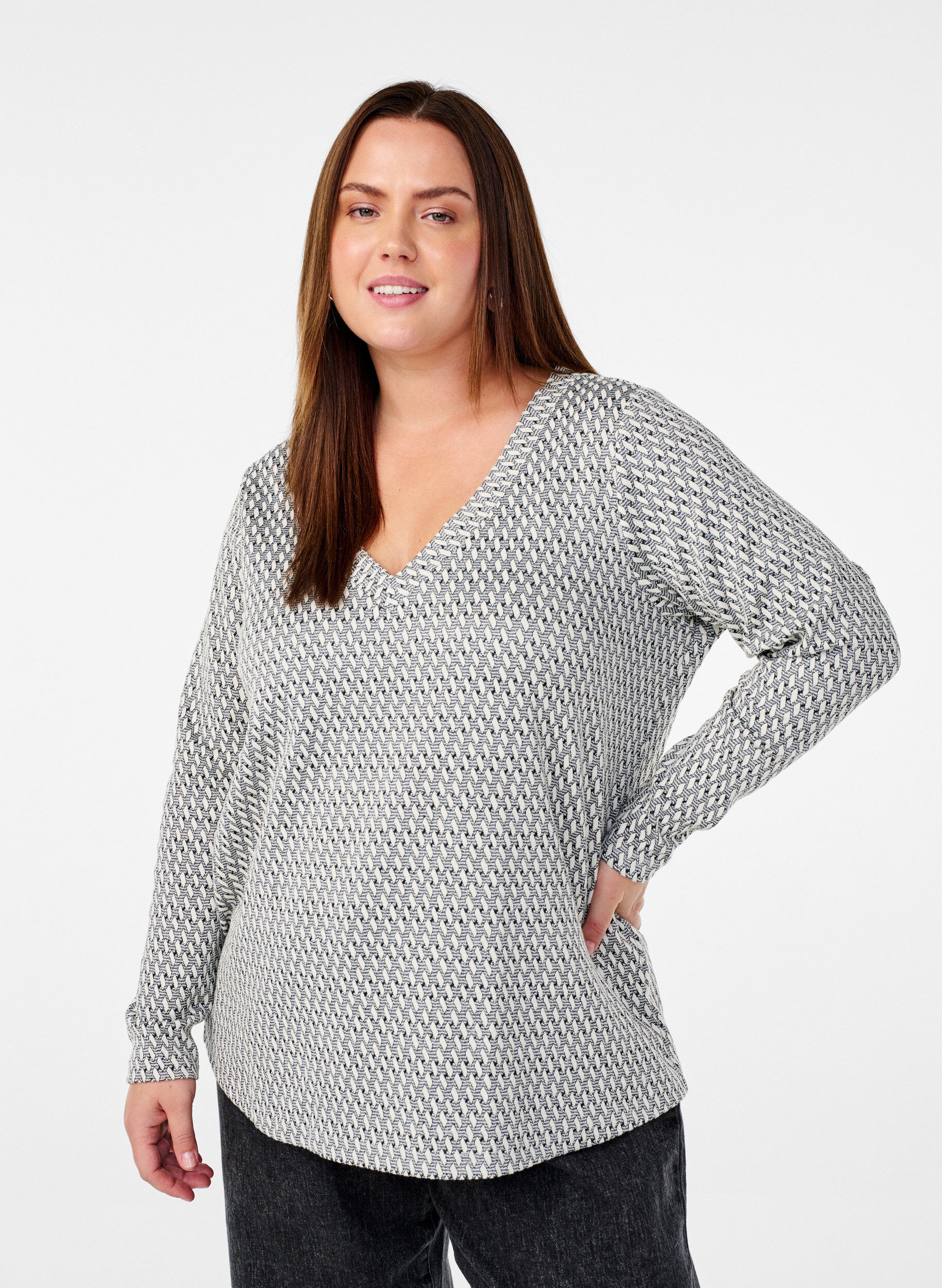 Zizzi Bluse mit Musterstruktur und Glitzerfaden, Grau, Model image number 0
