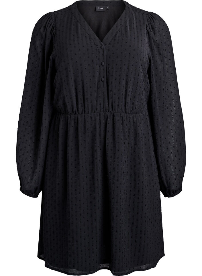 Kurzes Kleid mit Ton-in-Ton-Streifen und texturierten Punkten, Schwarz, Packshot image number 0