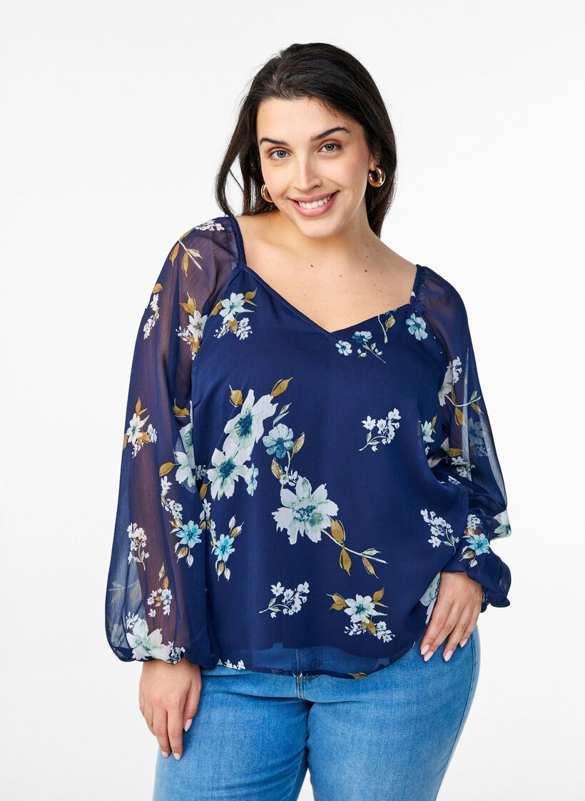 Bluse aus Chiffon mit geblümtem Print und langen Ärmeln, Blau, Model image number 0