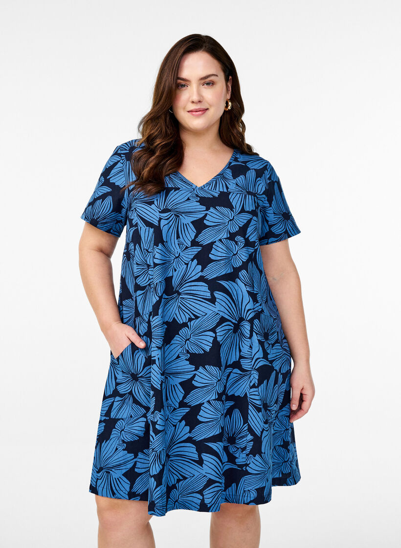 Kurzes A-Linien-Kleid mit floralem Print, Blau, Model image number 0
